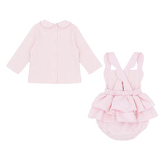 Pastels & Co - Hearts & Bows Story. The Maeve 2 Piece romper set in soft pale pink offers timeless elegance for baby girls.