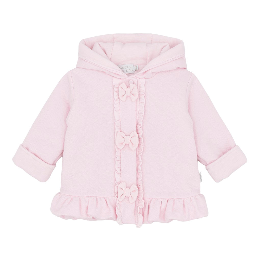 The Charlotte jacket from Pastels &amp; Co - Hearts and Bows collection is a charming outerwear piece designed for baby girls. Crafted in soft pale pink, this jacket combines classic styling featuring decorative bows and frills that add a touch of feminine elegance. The Charlotte jacket brings timeless sophistication to any little one's wardrobe.