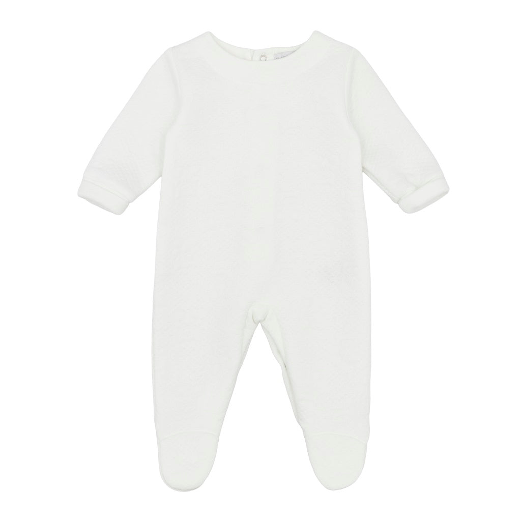 Pastels &Co - Teddybear Story. The Robin all-in-one in soft ivory offers timeless elegance for baby boys &amp; girls.