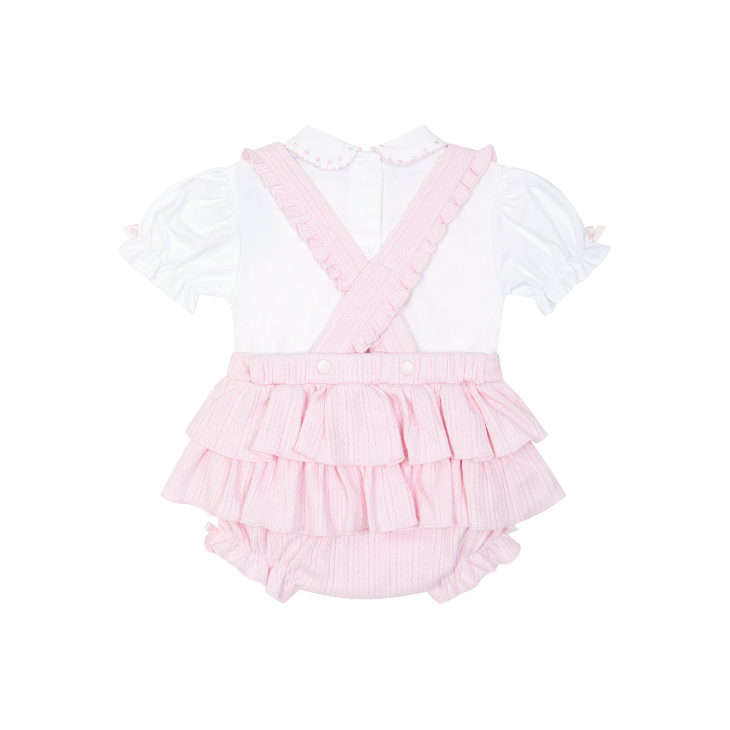 Adorable pale pink  dungaree set for baby girls featuring love heart detail with charming frills from Pastels &amp; Co. Perfect for playtime or special occasions!