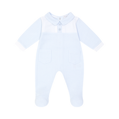 The Harry all-in-one in soft pale blue offers timeless elegance for baby boys, crafted by PASTELS &amp; Co.
