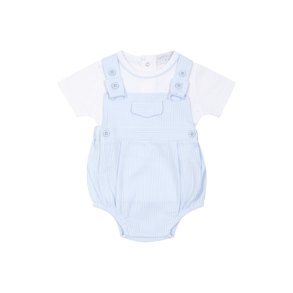 The Pastels &amp; Co Henry set combines a pale blue t-shirt and shorts in one coordinated outfit. Perfect for baby boys comfort and style.