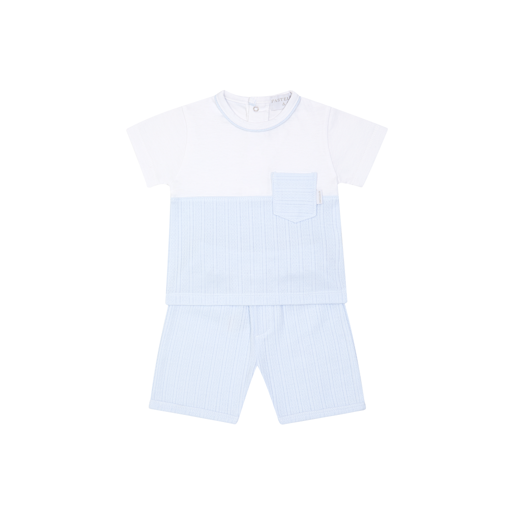 The Pastels &amp; Co Henry set combines a pale blue t-shirt and shorts in one coordinated outfit. Perfect for baby boys comfort and style.