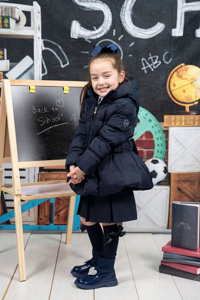 BACK TO SCHOOL Padded jacket by ADEE with padded bow appliques on front and back Navy