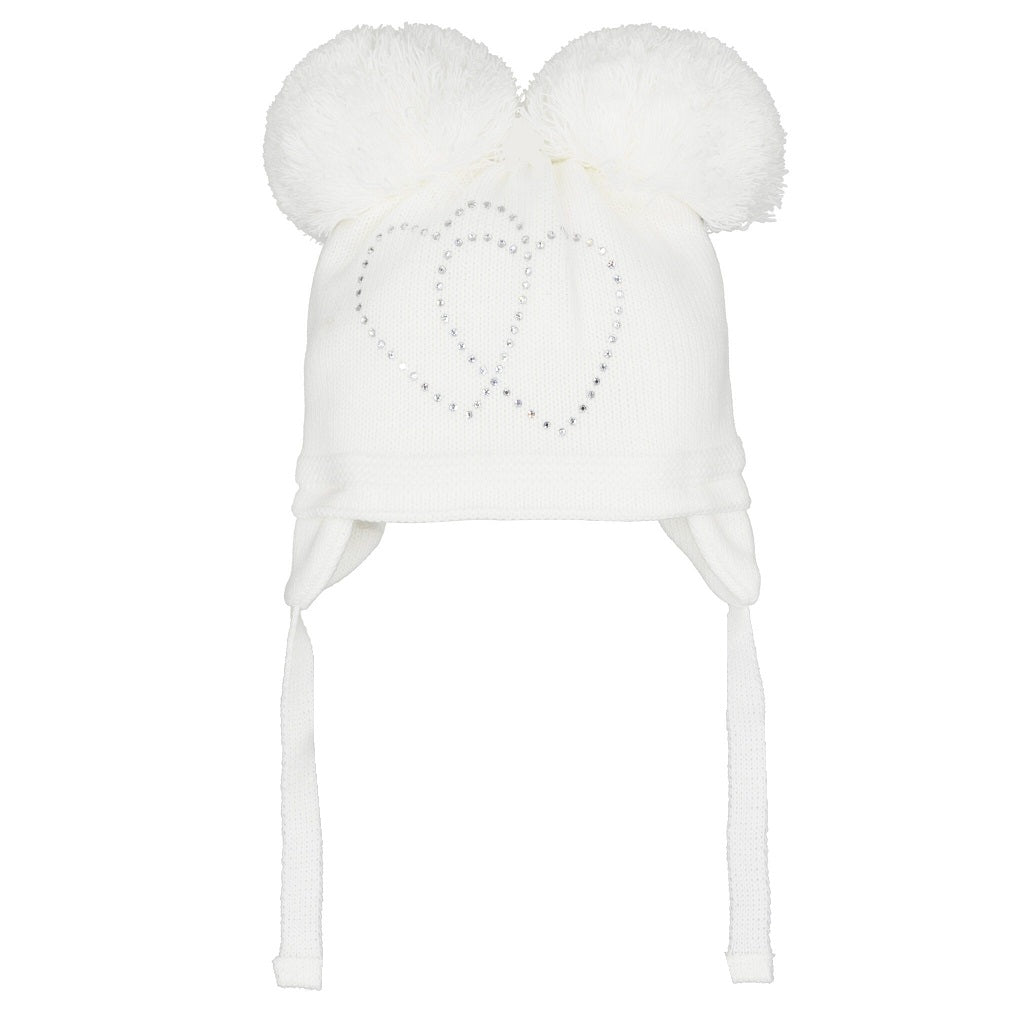 Pastels & Co Andie Twin Pom Pom Hat with Diamante Heart Motif. White