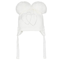 Pastels & Co Andie Twin Pom Pom Hat with Diamante Heart Motif. White