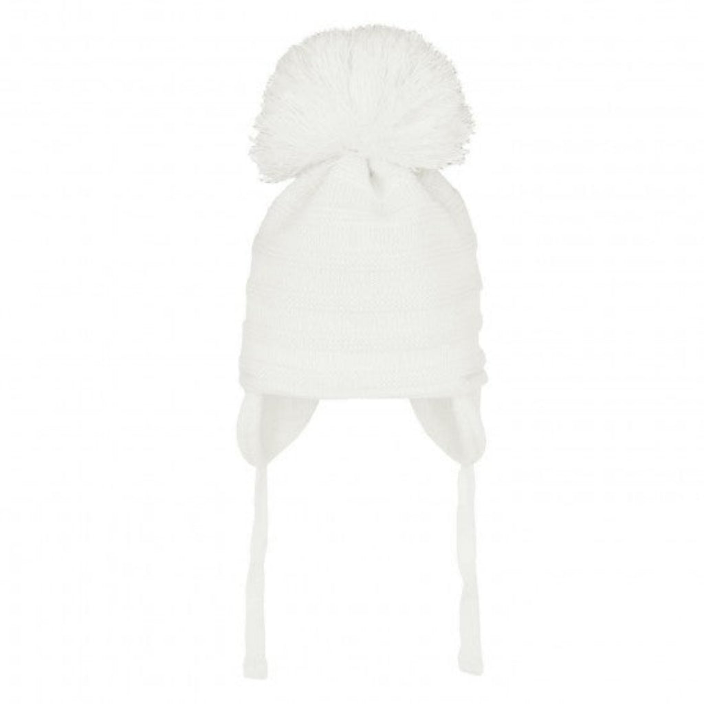 Pastels & Co Bobbie single pom with stripe knit hat. Optic White