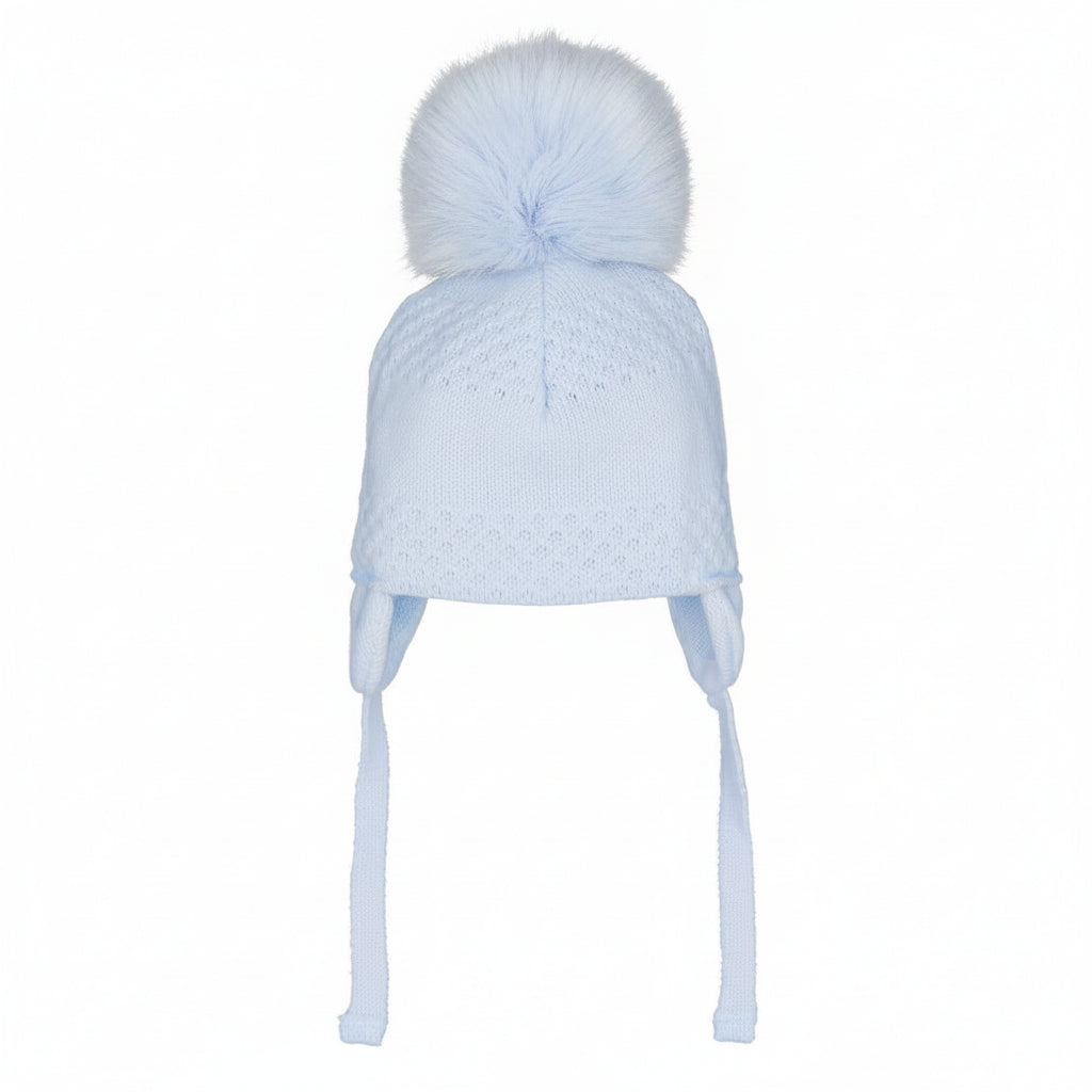 Pastels-Co-Bobbie- pale blue knit pom-pom hat with ear flaps and long ties.