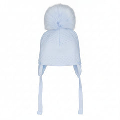 Pastels-Co-Bobbie- pale blue knit pom-pom hat with ear flaps and long ties.