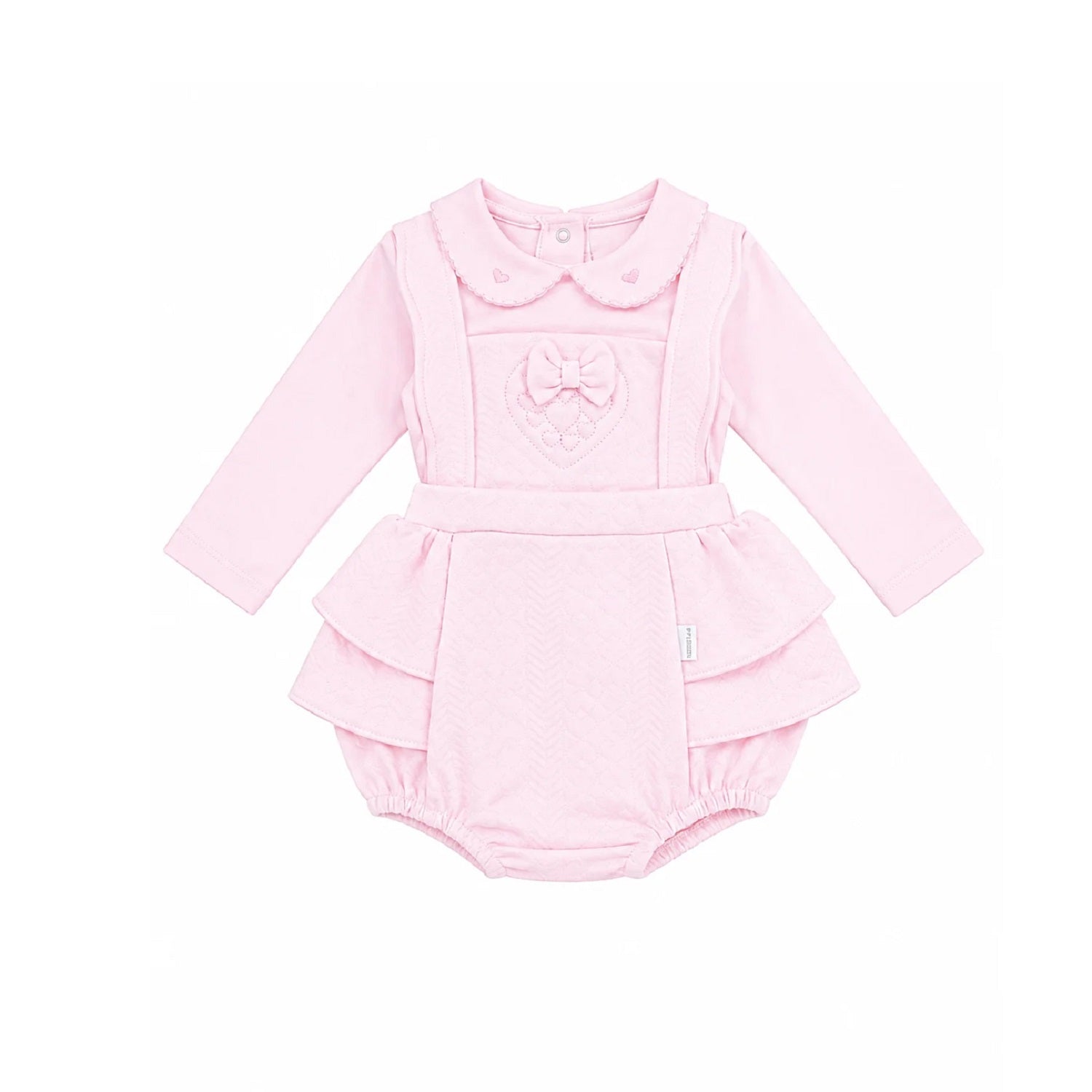 Pastels & Co - Hearts & Bows Story. The Maeve 2 Piece romper set in soft pale pink offers timeless elegance for baby girls.