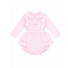 Pastels & Co - Hearts & Bows Story. The Maeve 2 Piece romper set in soft pale pink offers timeless elegance for baby girls.