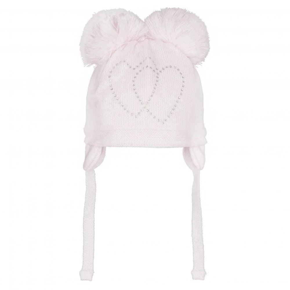 Pastels &amp; Co Andie Faux Fur double pom pom hat with diamante Hearts. Pink
