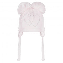 Pastels &amp; Co Andie Faux Fur double pom pom hat with diamante Hearts. Pink