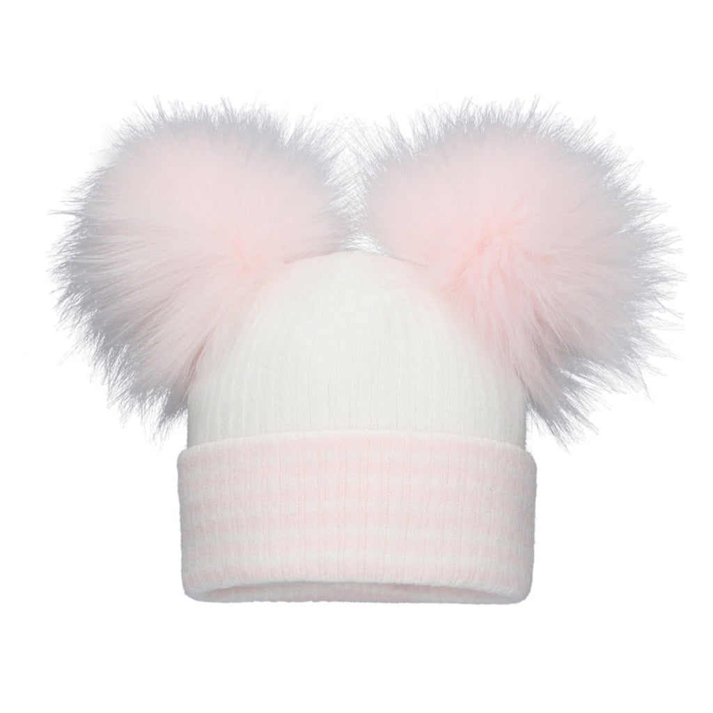 Pom Pom Envy Baby Stripe Double Hat  White Pink