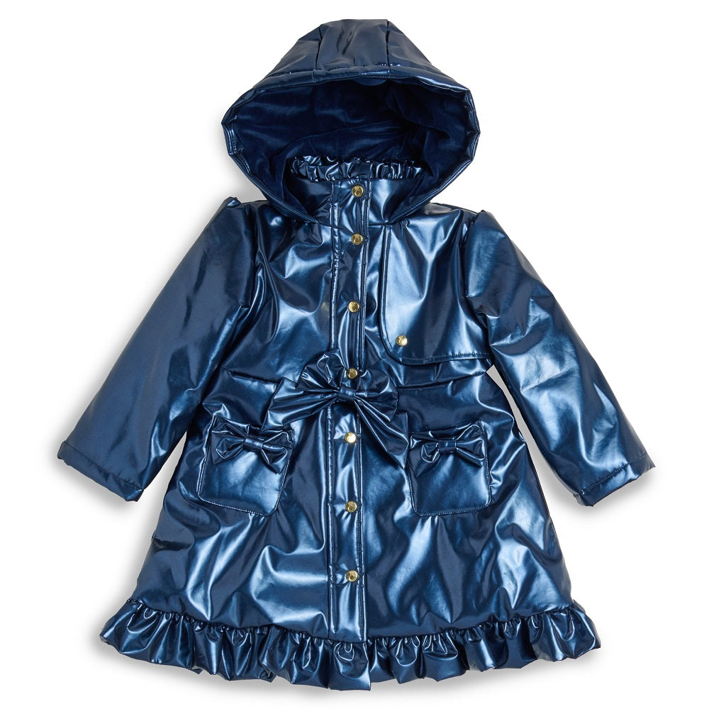 Caramelo girls navy hooded rain mac features charming fixed bow on the front, a frill hem.