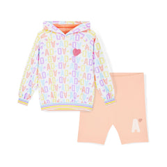 ADEE Sisi hoody cycling set features an initial print hoody with a sequined heart artwork, paired with peach cycling shorts