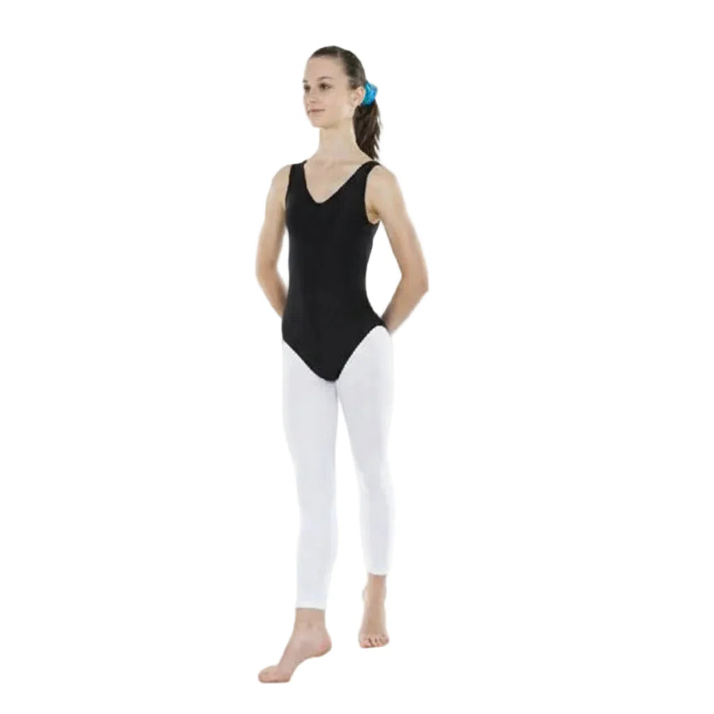 Tappers & Pointers Shiny Lycra footless tights in classic white. Crafted from thick, durable nylon Lycra blend for a lustrous finish and comfortable all-day wear.