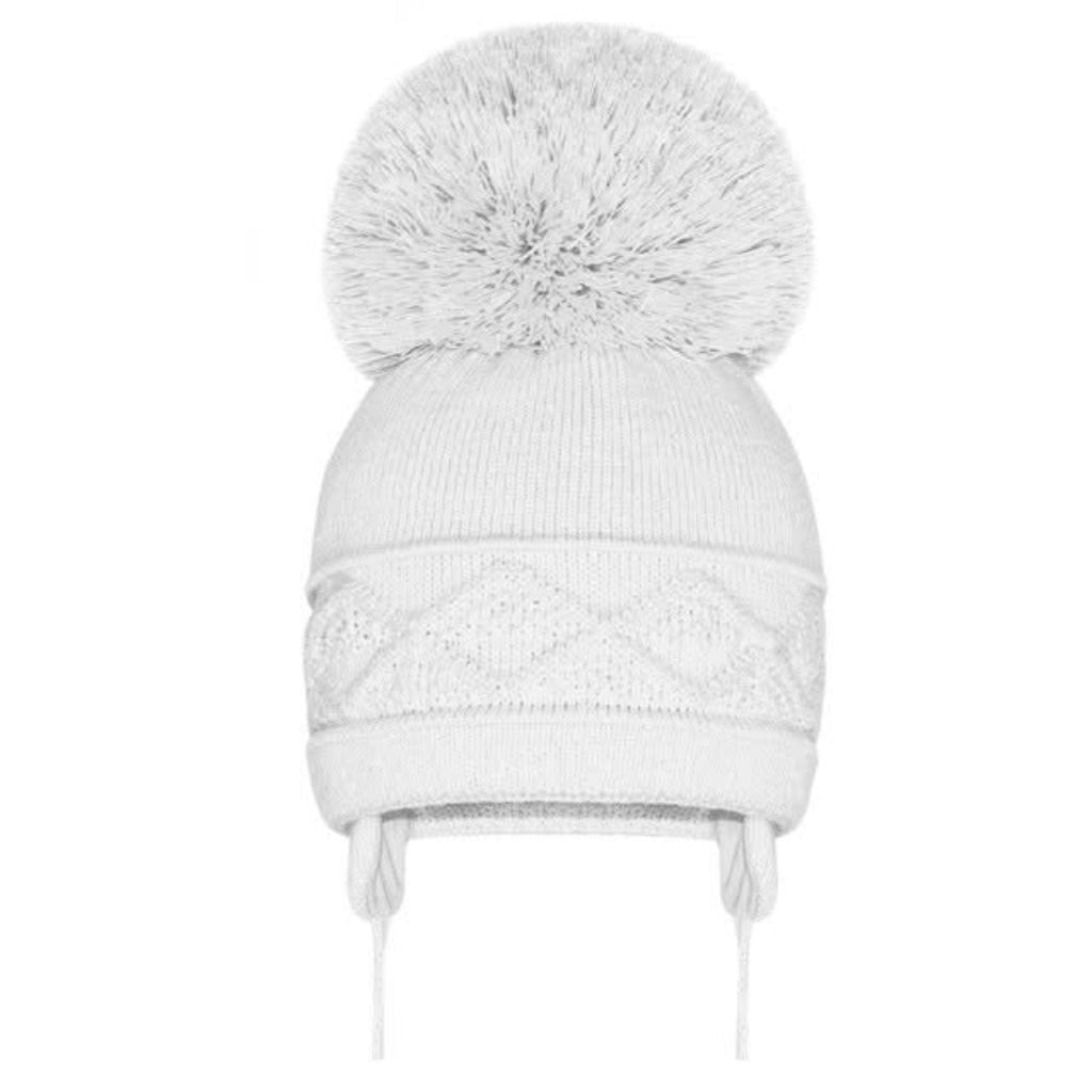 White Cable knit hat with a super pom