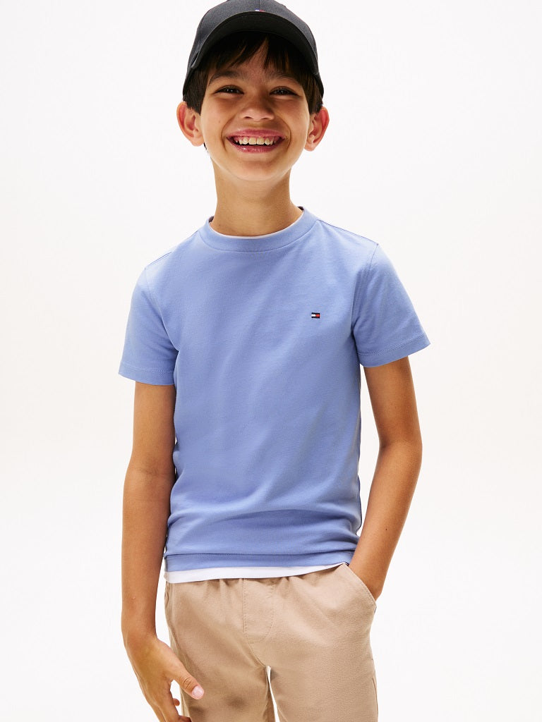 TOMMY HILFIGER Essential short sleeved jersey t-shirt with embroidered Logo. Vintage Iris