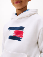 Tommy hildfiger Kids White hoodie with blue and red abstract design on a white background.