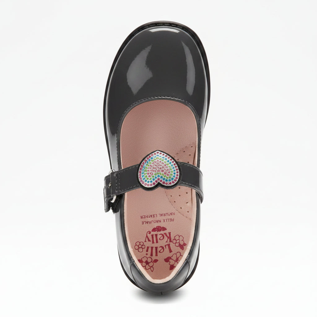 LELLI KELLY Valentina Heart Grey Patent leather shoes with interchangeable straps. Diamante heart, black bow and Lelli Kelly writing.