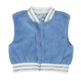 ADee On Ice Phoenix Iced Blue cropped faux fur vest with lurex stripe waistband and neckline.