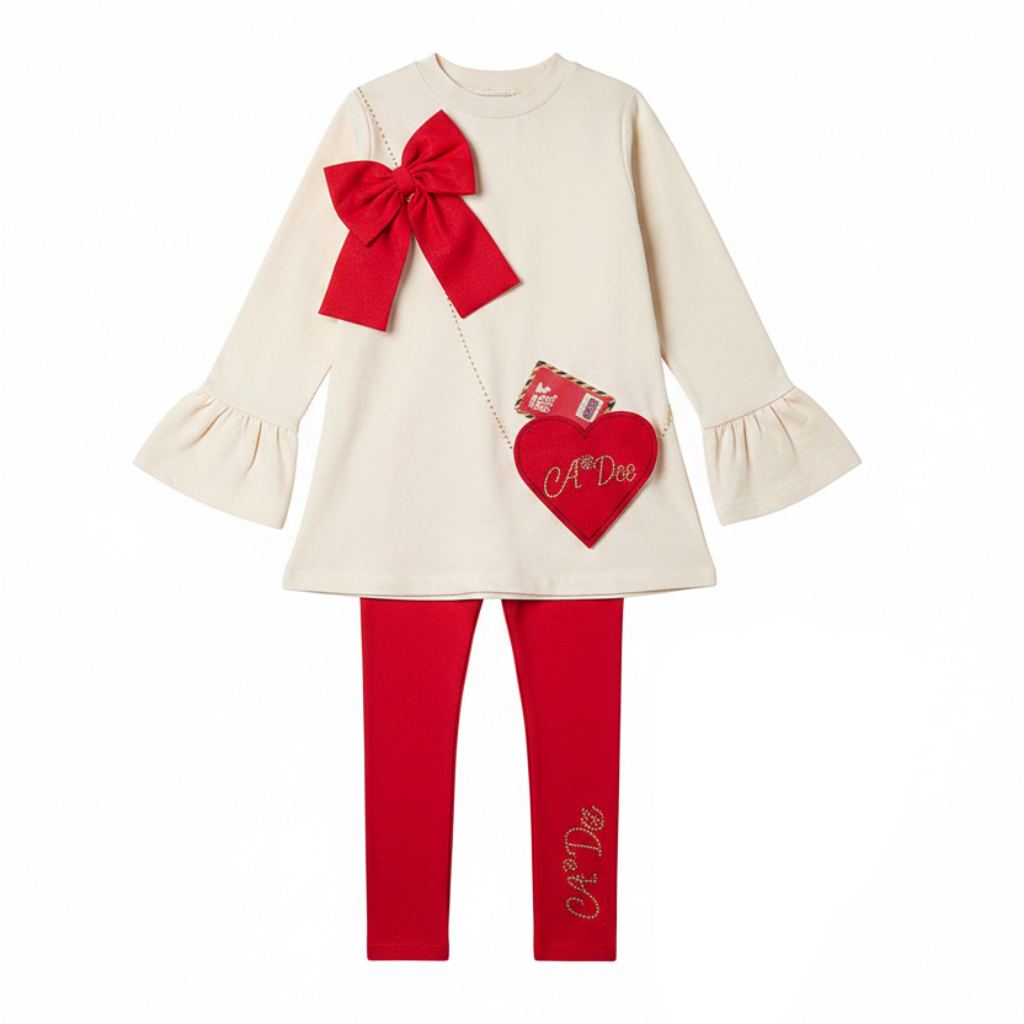 From ADee with Love Glitter sweat A-line tunic top with bell sleeve finish and beautiful heart shaped handbag artwork on front paired with glitter jersey leggings finished with gold stone branded artwork