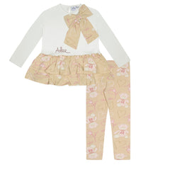 ADEE Summer Teddy Print Bow Legging Set Beige