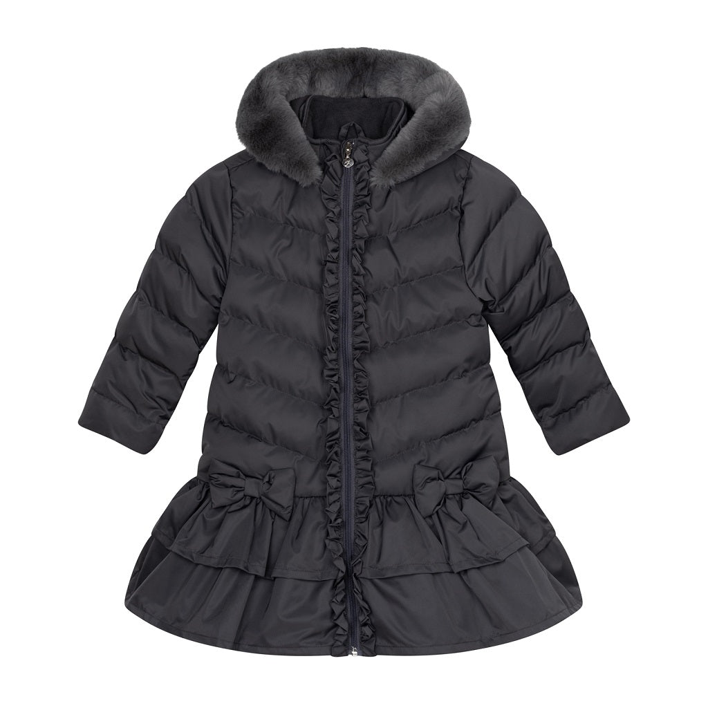 BACK TO SCHOOL Becky Jacket by ADEE with long padded double frill jacket with faux fur trim hood featuring padded &nbsp;bows appliqued on front and back with reflective badge on sleeve. Dark Grey