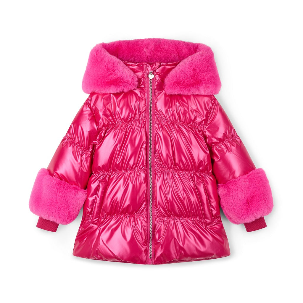 ADEE Winter Bloom Collection. The Avery Padded Jacket features fur detailing at the hood and cuff. Designed with an oversized hood, zip fastening with branded puller, and a diamante logo badge on the sleeve. Fushsia.