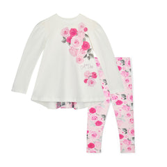 ADEE Winter Bloom Collection. The Ayla Set features a white tunic top with beautiful rose artwork on the front and a contrast printed back insert with bow detail. Paired with matching rose-print leggings to complete the look.