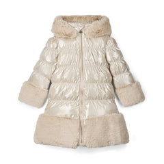 ADEE Eau-de Adee Collection. Introducing the Aurora Jacket, a beautiful fit-and-flare style, finished with soft faux fur trims at the hood, cuffs, and hem. The cosy fleece lining and hood keep you warm, while signature details include a branded badge, logo zip pull, and sweet bows on each arm. Stone Beige