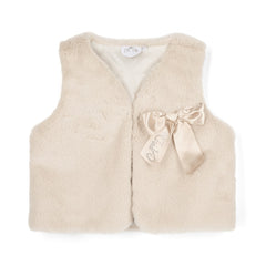 ADEE Eau-de Adee Collection. The Anna gilet come in fabulous faux fur and is finished with a beautiful appliqué bow on the chest. Stone Beige