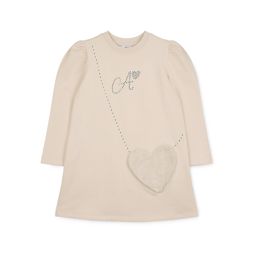 ADEE Eau de theme. The Alyssa dress features a faux fur applique handbag artwork, finished with a classic A*Dee diamanté logo. Stone Beige