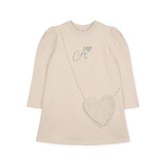 ADEE Eau de theme. The Alyssa dress features a faux fur applique handbag artwork, finished with a classic A*Dee diamanté logo. Stone Beige