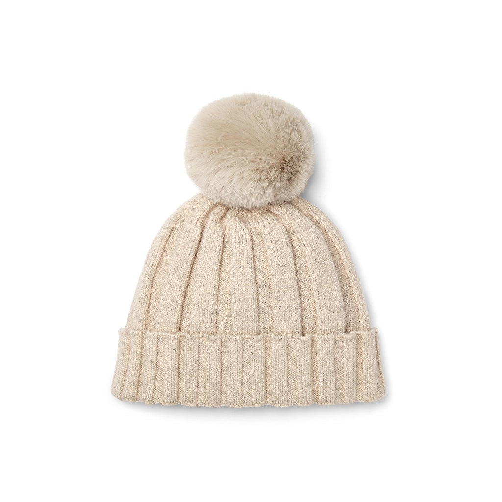ADEE Eau-de Adee Collection. Complete the look with this knitted hat with faux fur pom pom and diamante branded artwork. Stone Beige