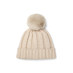 ADEE Eau-de Adee Collection. Complete the look with this knitted hat with faux fur pom pom and diamante branded artwork. Stone Beige