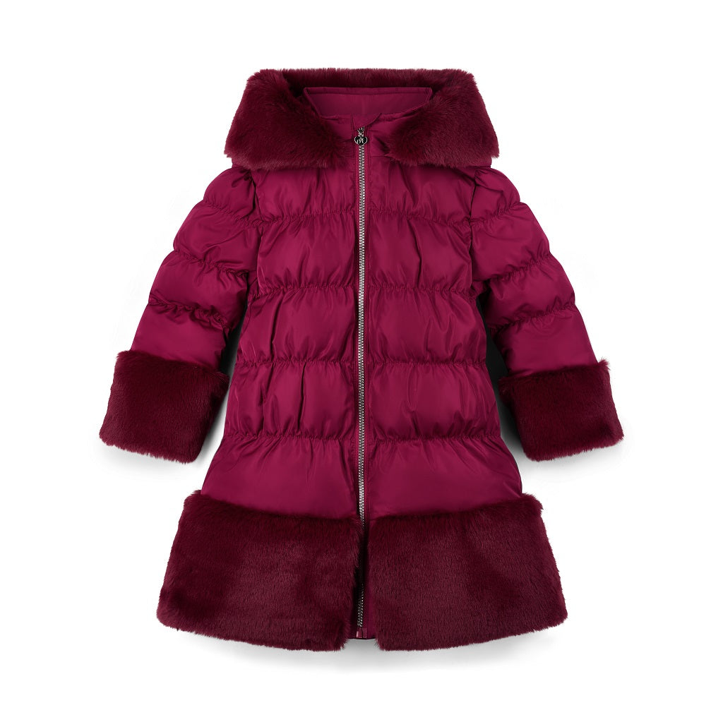 ADEE Chevron Charm theme. Introducing the Aurora Jacket, a beautiful fit-and-flare style, finished with soft faux fur trims at the hood, cuffs, and hem. The cosy fleece lining and hood keep you warm, while signature details include a branded badge, logo zip pull, and sweet bows on each arm. Deep Cherry