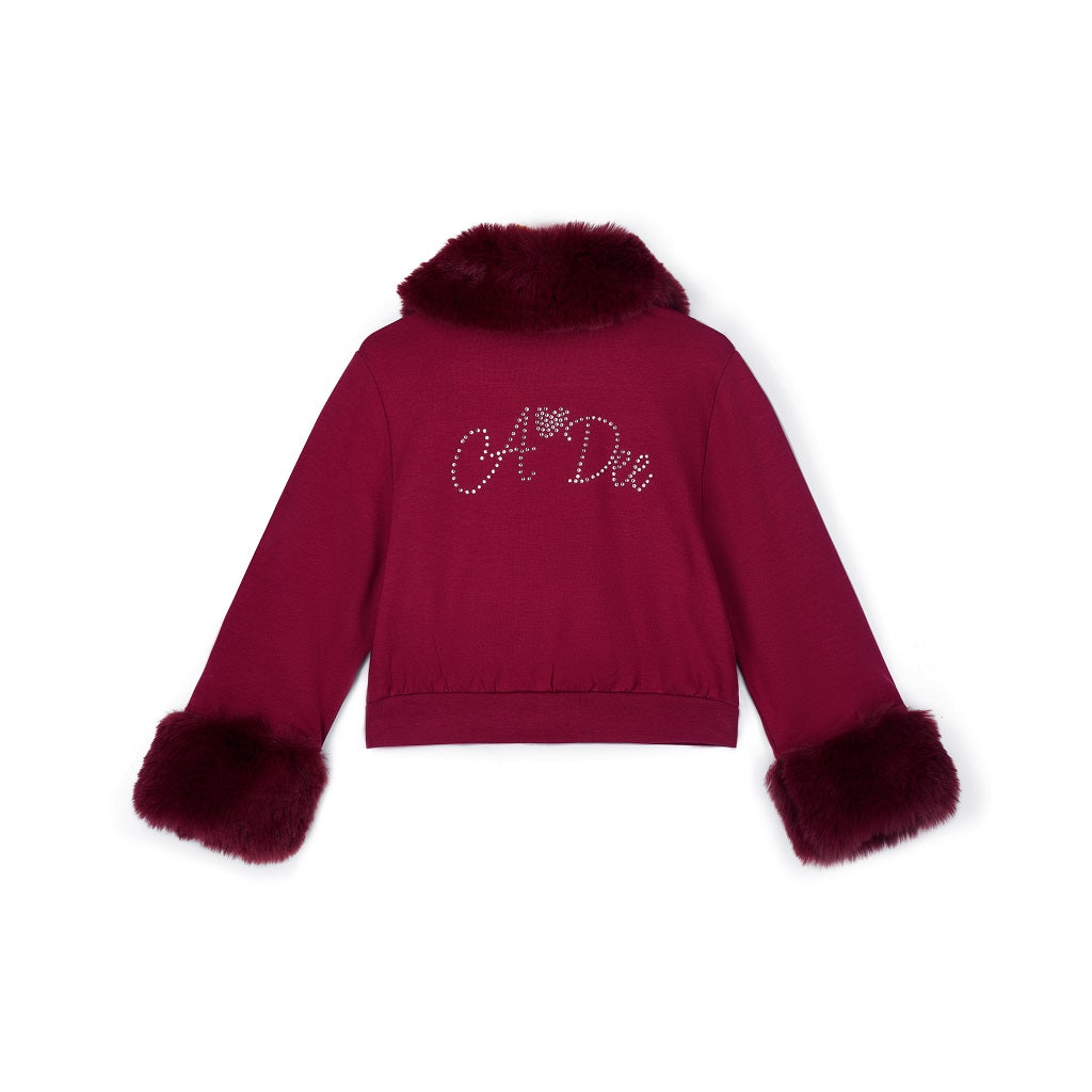 ADEE Chevron Charm theme. The Audrey Bomber features gorgeous fur trim detailing and a classic diamanté A*Dee logo across the back. Deep Cherry