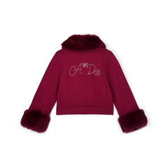 ADEE Chevron Charm theme. The Audrey Bomber features gorgeous fur trim detailing and a classic diamanté A*Dee logo across the back. Deep Cherry