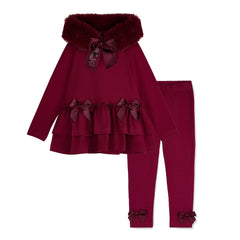ADEE Chevron Charm Collection. The Alina Legging Set is the perfect addition to your Winter wardrobe! Featuring a fur trimmed hooded top with applique bows and frilled hems. Paired with matching leggings with applique bows at the ankle. Deep Cherry