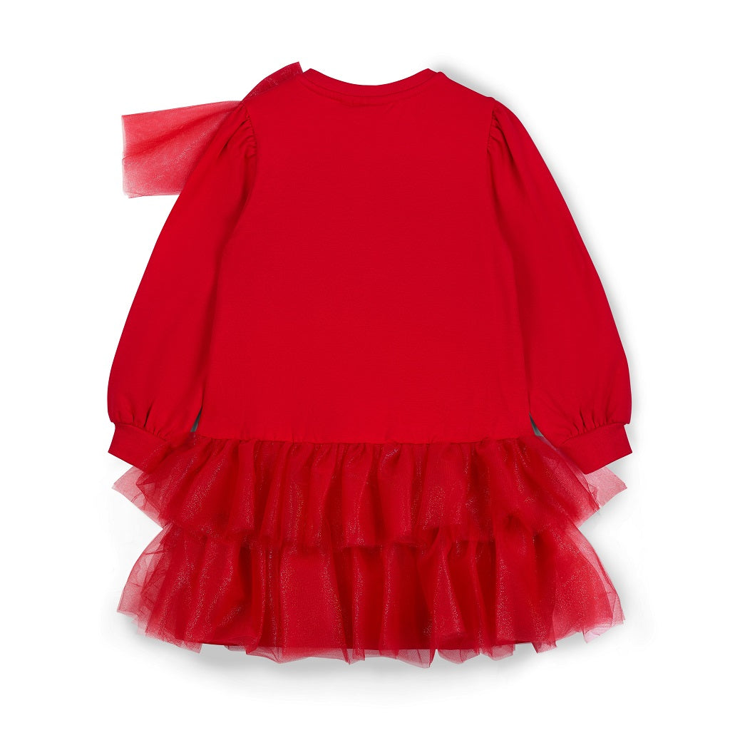 ADee The Brandy Dress features a glitter tulle double-frill skirt, long puff sleeves, and a statement appliqué bow. Perfect for festive Christmas parties. Red