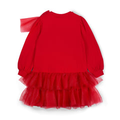 ADee The Brandy Dress features a glitter tulle double-frill skirt, long puff sleeves, and a statement appliqué bow. Perfect for festive Christmas parties. Red