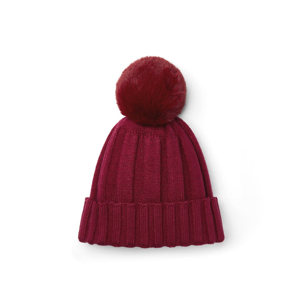 ADEE Chevron Charm Collection. Complete the look with this knitted hat with faux fur pom pom and diamante branded artwork. Deep Cherry