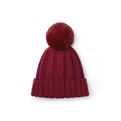 ADEE Chevron Charm Collection. Complete the look with this knitted hat with faux fur pom pom and diamante branded artwork. Deep Cherry