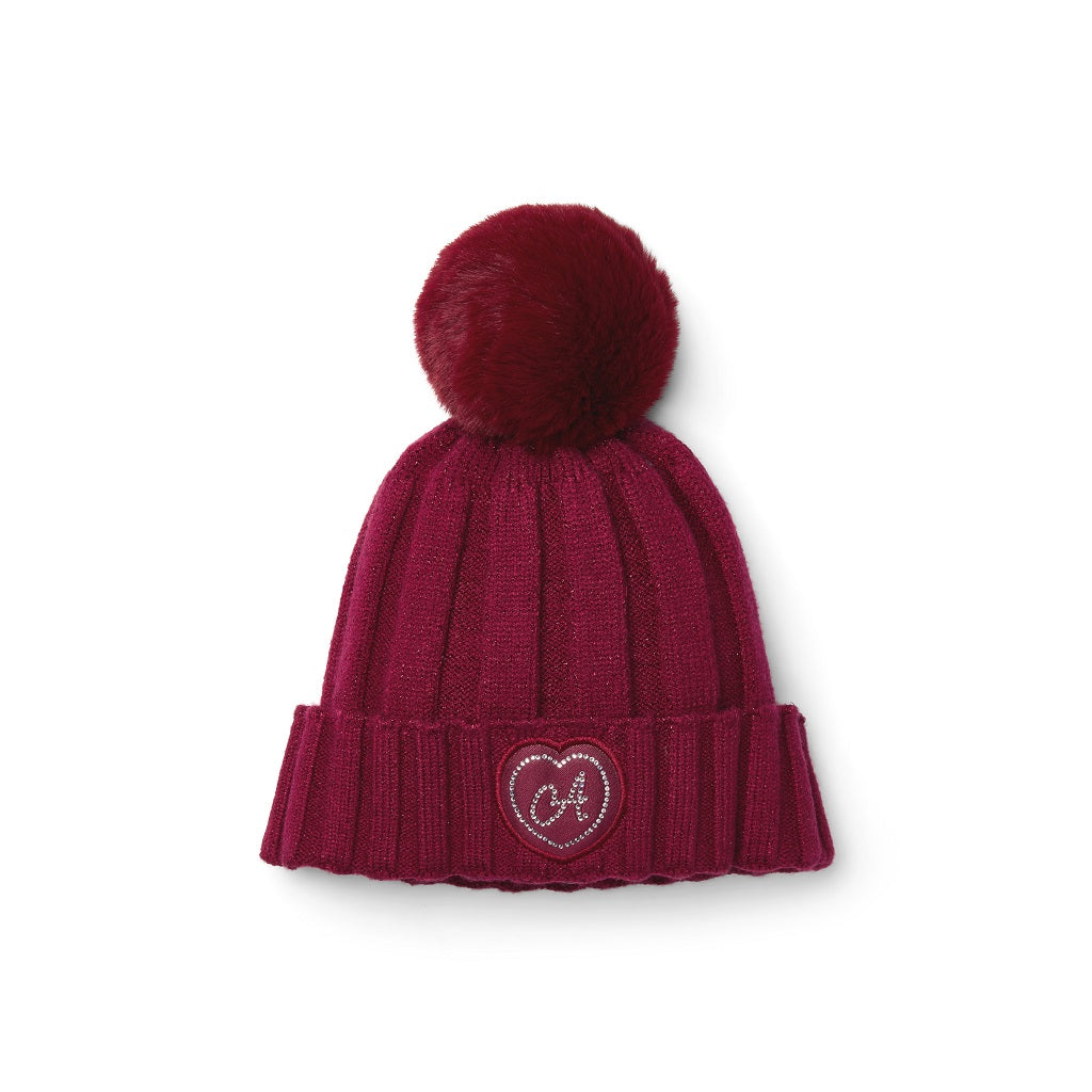 ADEE Chevron Charm Collection. Complete the look with this knitted hat with faux fur pom pom and diamante branded artwork. Deep Cherry