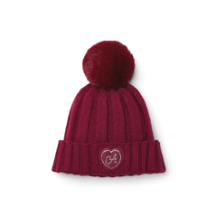 ADEE Chevron Charm Collection. Complete the look with this knitted hat with faux fur pom pom and diamante branded artwork. Deep Cherry