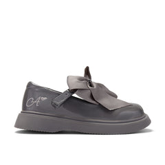 ADEE The Lyra shoe is perfect for school, with pretty bows on the velcro strap and embroidered logo to the side. Finished with non-slip rubber soles. Dark Grey