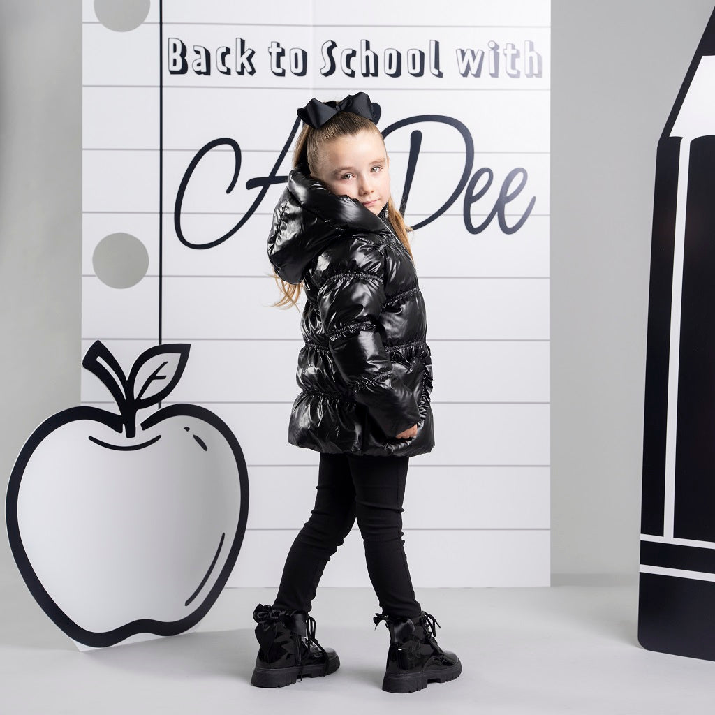 ADEE BTS The Luna padded jacket features cute heart shaped pockets on the front and diamante badge on one sleeve. Complete with full hood and branded zip fastening. Black
