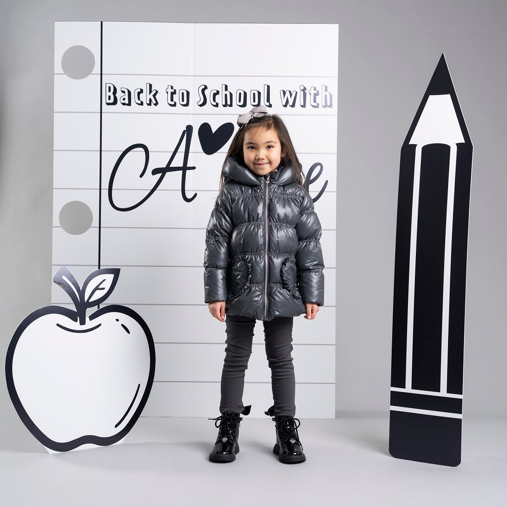 ADEE BTS The Luna padded jacket features cute heart shaped pockets on the front and diamante badge on one sleeve. Complete with full hood and branded zip fastening. Dark Grey